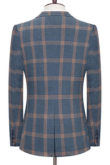 Blue Notched Lapel Slim Fit Plaid Men Suits